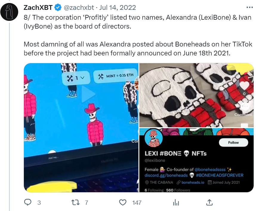 Twitter Screenshot Of Evidence Of Boneheads Rug Pull Exposed By Zachxbt 