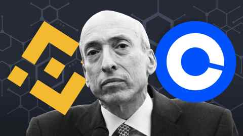 Montage Of Sec Chairman Gary Gensler And Logos For Binance And Coinbase