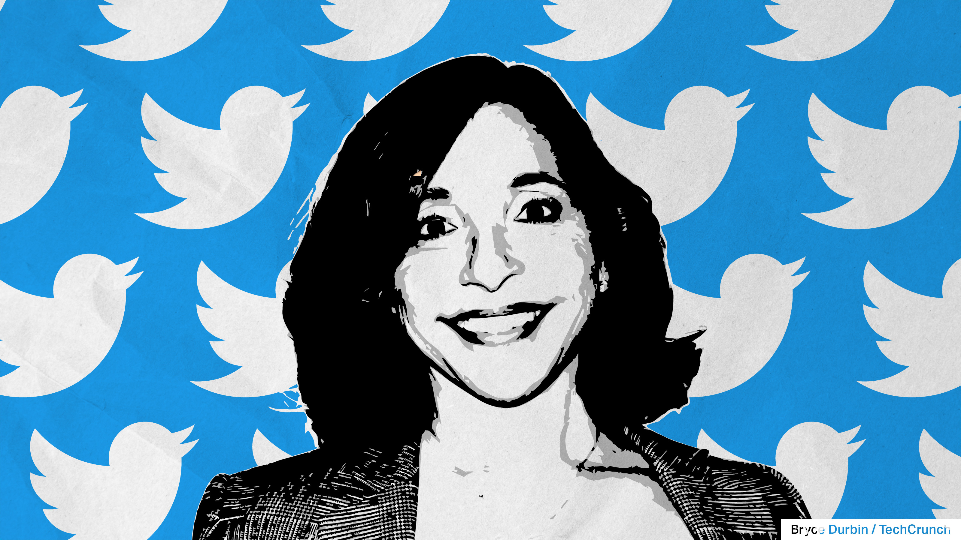 Image Of Linda Yaccarino With Twitter Birds In The Background, Representing The New Ceo Of Twitter